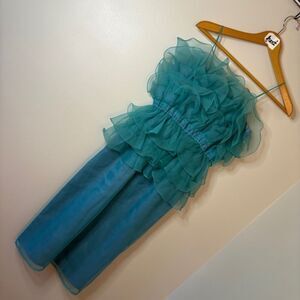Avantgarde Teal Ruffled Midi Dress Vintage Themes Brand sz 4 preworn see INFO